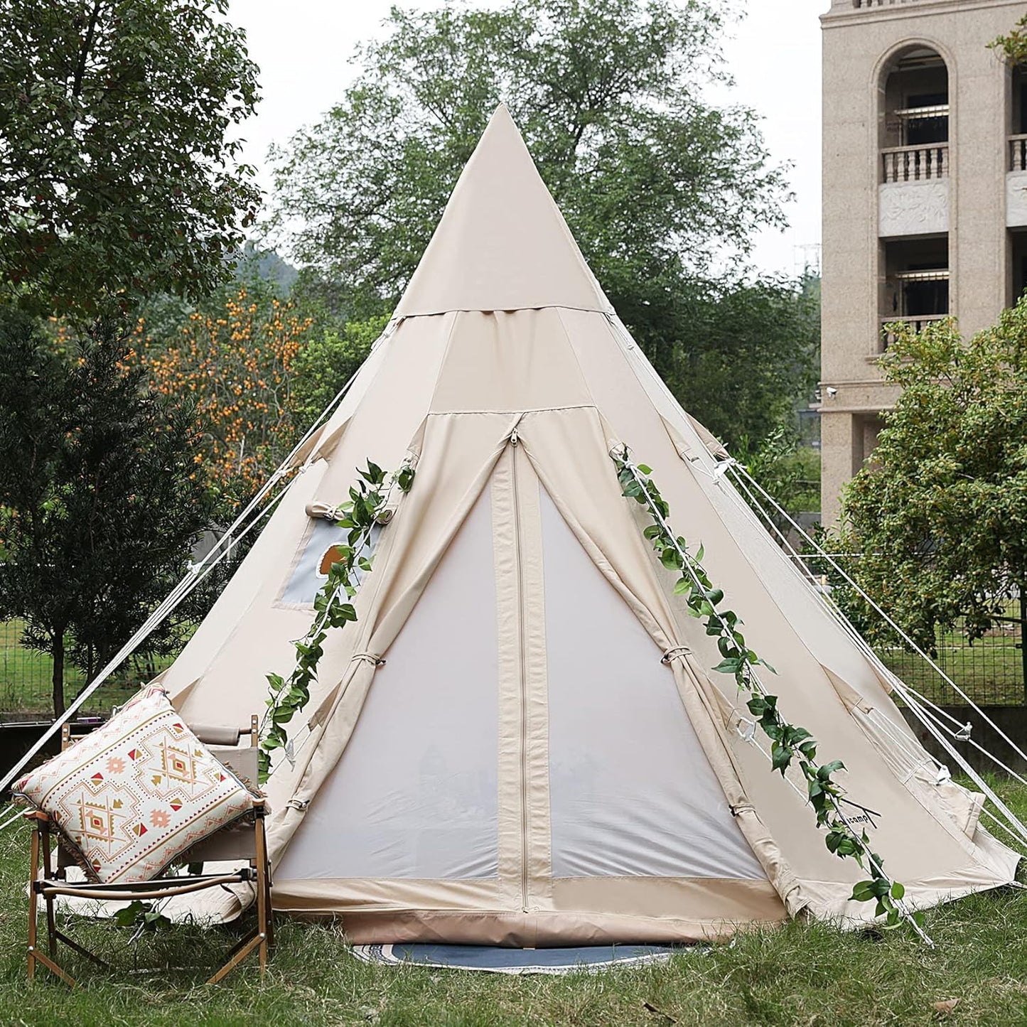 Cotton Canvas Tent,Tipi 6 or 10 Person Camping Tent,Glamping Yurt Tent Waterproof and Breathable Cotton