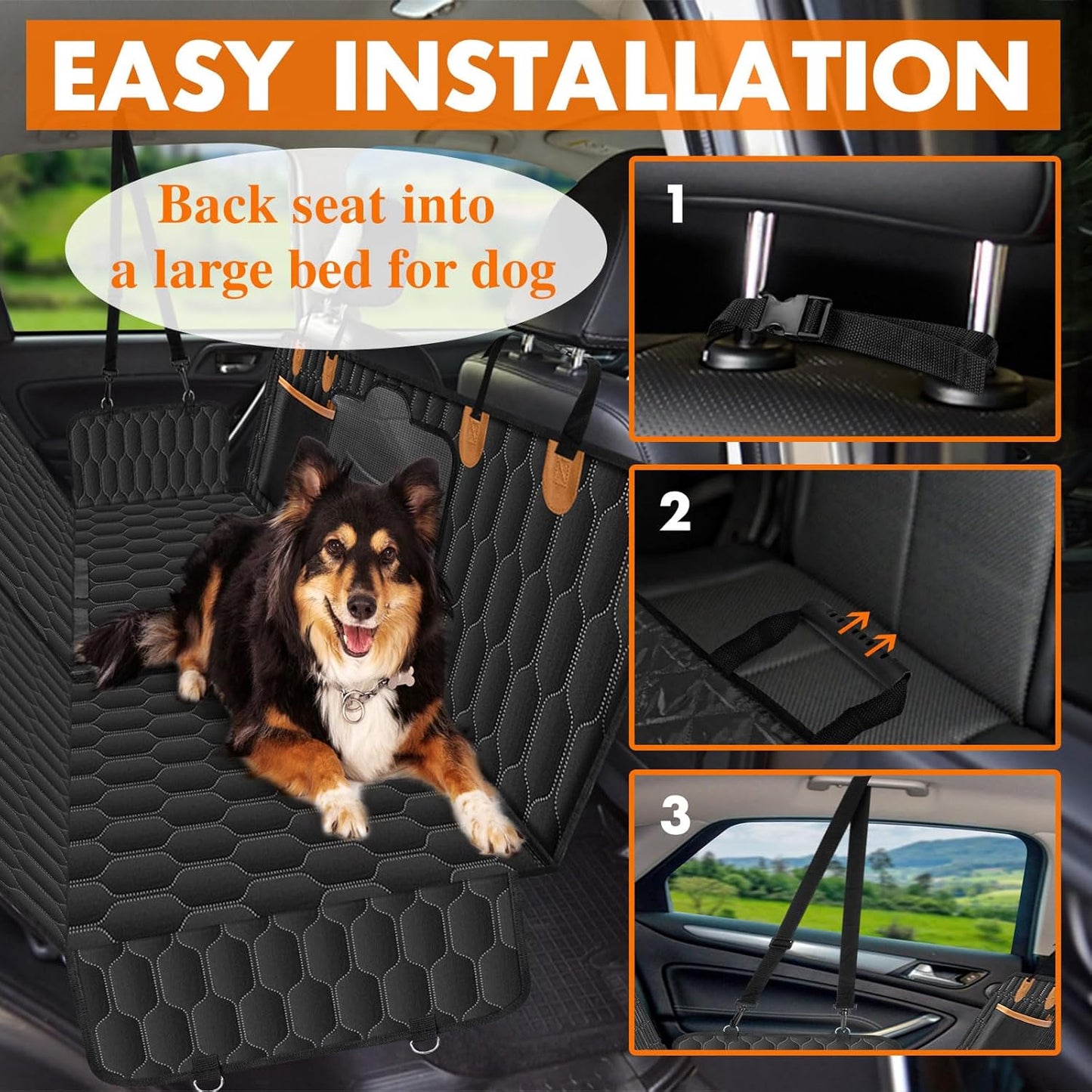 Waterproof Dog Car Seat Cover, Scratchproof, Nonslip Back Seat Hammock with Mesh Window & Storage Pocket Fits Cars, SUVs, Trucks