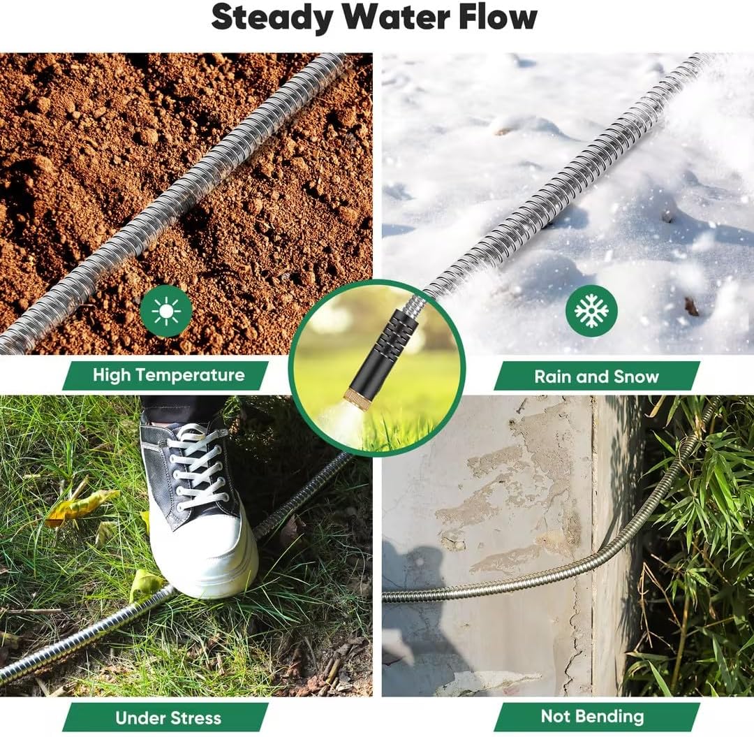 25FT/50FT/100FT Heavy Duty Stainless Steel Water Hose with 10 Functional Nozzles, No Kink, Lightweight and Flexible, Easy to Use and Store, Suitable for Yard and Lawn