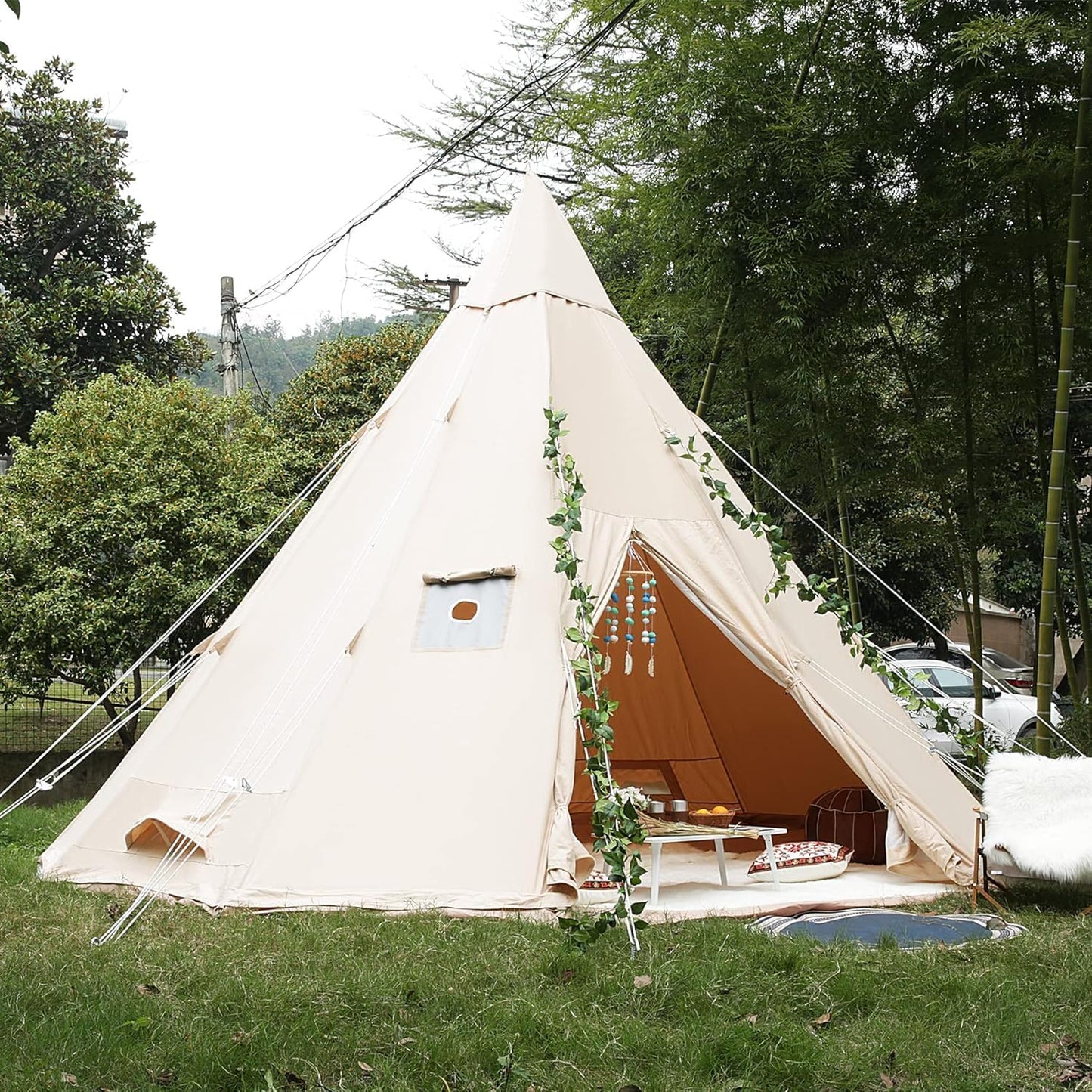 Cotton Canvas Tent,Tipi 6 or 10 Person Camping Tent,Glamping Yurt Tent Waterproof and Breathable Cotton
