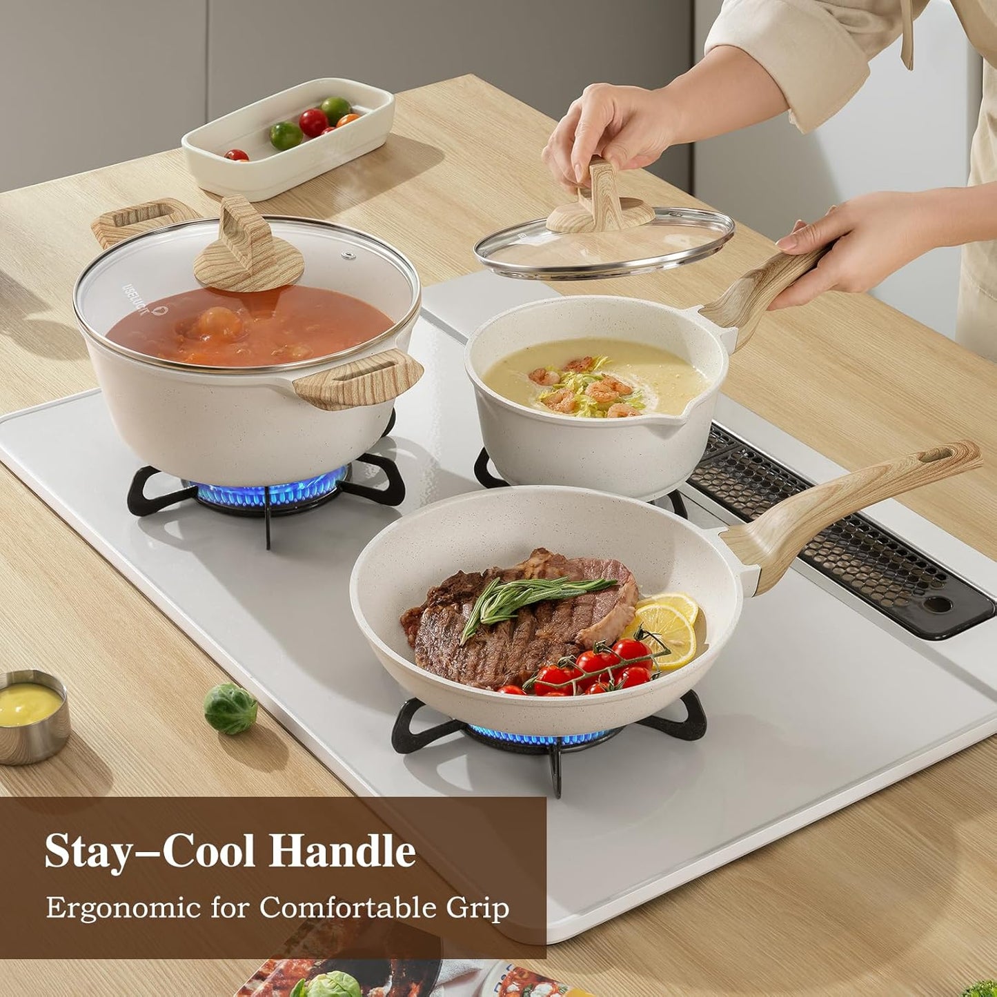 Pots and Pans Set Non Stick, 14PCS Nonstick Cookware Set, White Induction Kitchen Cookware Set Suitable Soup Pot Frying Pan