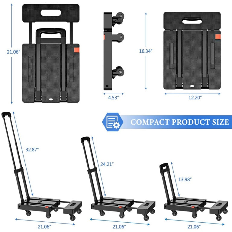 Folding Hand Truck Portable Dolly Cart with Wheels and 2 Elastic Straps Portable Luggage Cart for Moving, Travel, Shopping, Office & Home Use