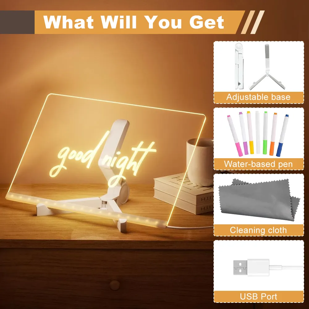 Acrylic Dry Erase Board with Light, Led Note Board with Colors Pen and Adjustable Stand, Use for Room/Store/Office/Festival/Gift