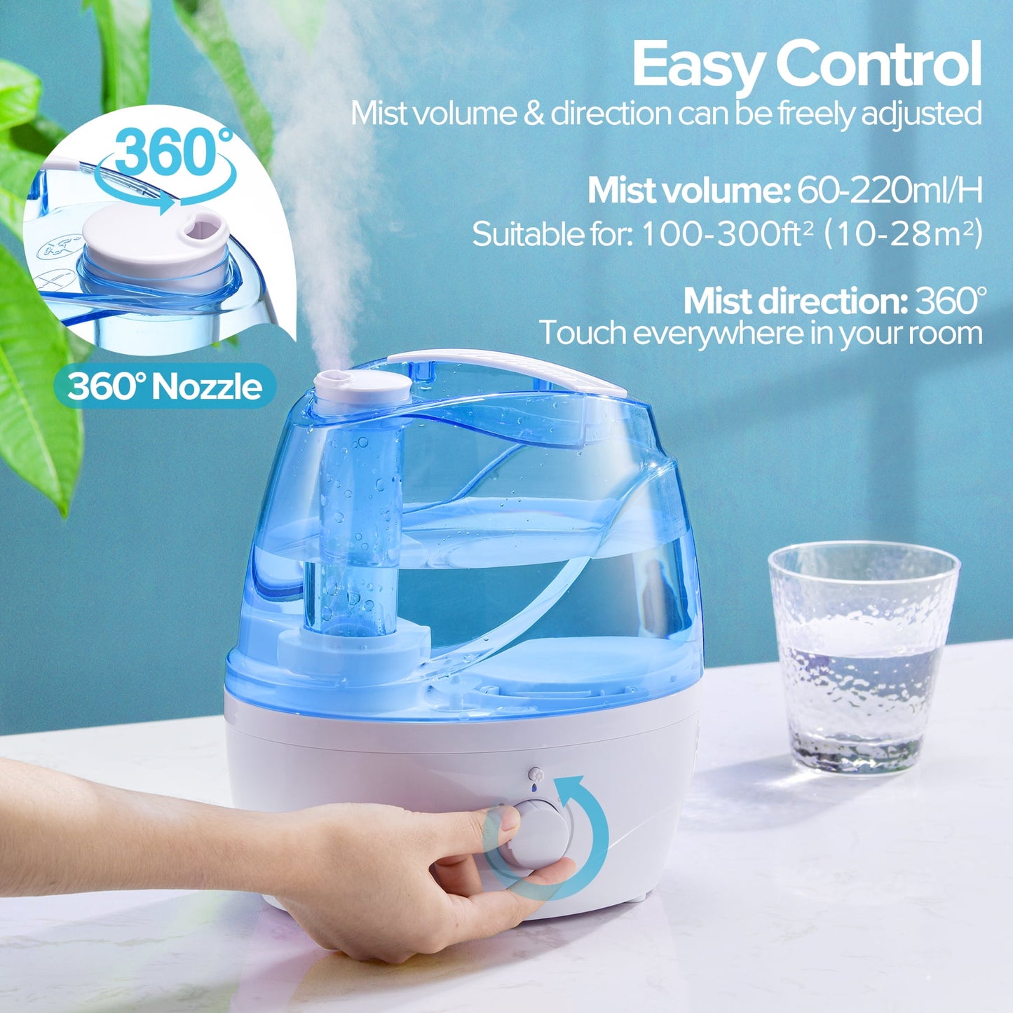 2.2L humidifier, 28dB Whisper-Quiet Cool Mist Humidifier with Auto Shut-off, Smart Sensor, up to 24 hours, Air Humidifier for bedroom Sleeping, Home Office