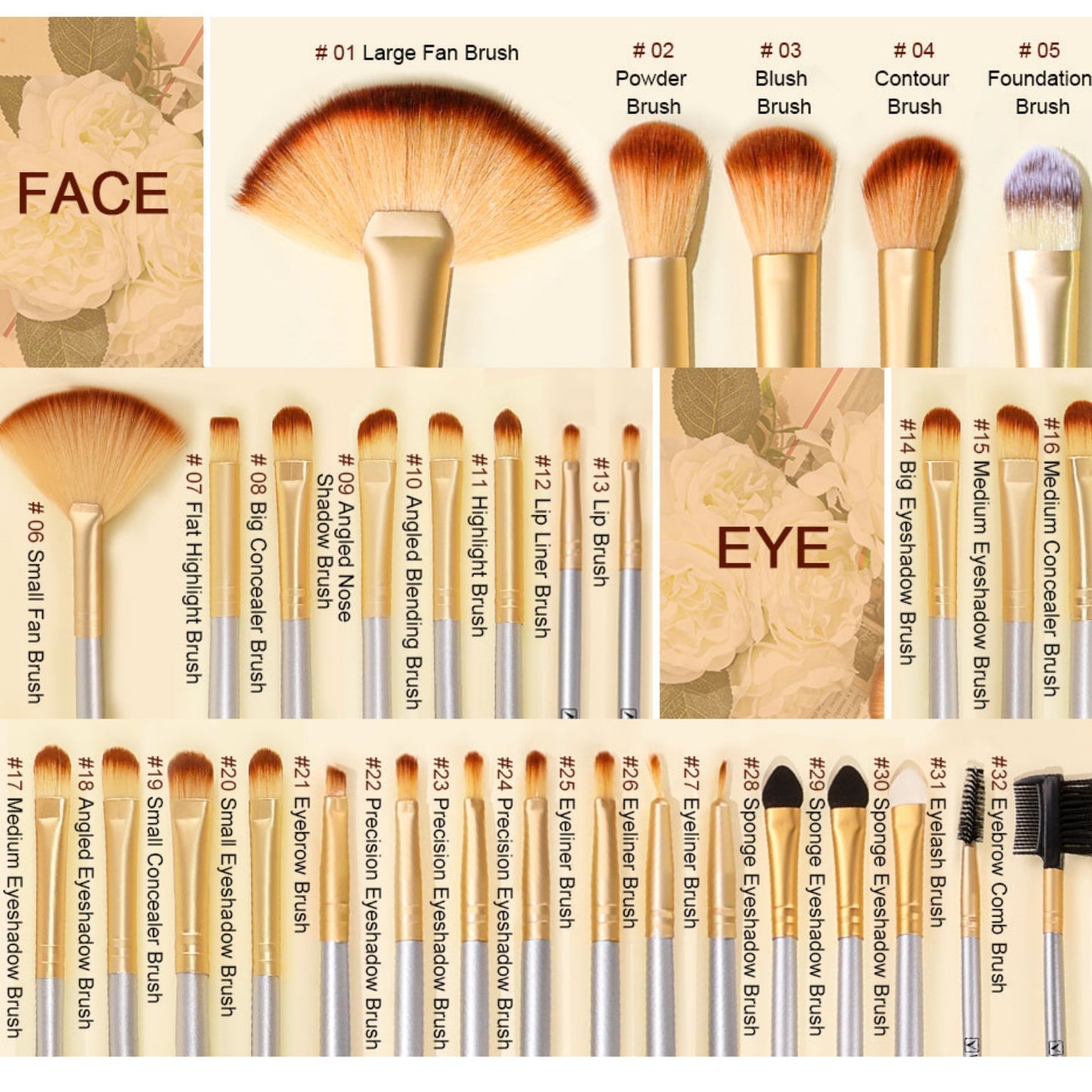 32pcs Makeup Brush Set, Cosmetic Brush Tool Set Foundation Blending Loose Powder Contour Eye Shadow Eyebrow Makeup Brush Set with Bag