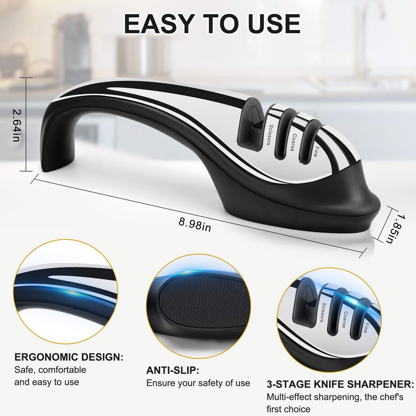 3-in-1 Kitchen Knife Accessories，3-Stage Knife Sharpener Helps Repair, Restore and Polish Blades and Cut-Resistant Glove