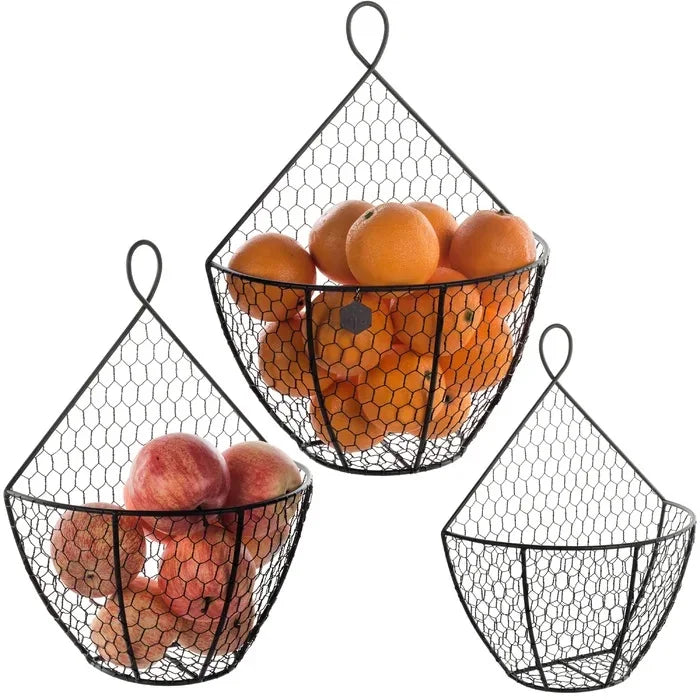 3 Pack Metal Fruit And Vegetable Storage Hanging Basket Wall Mounted, For Kitchen Black Wire Baskets for Flowers, Fruits and Veggies