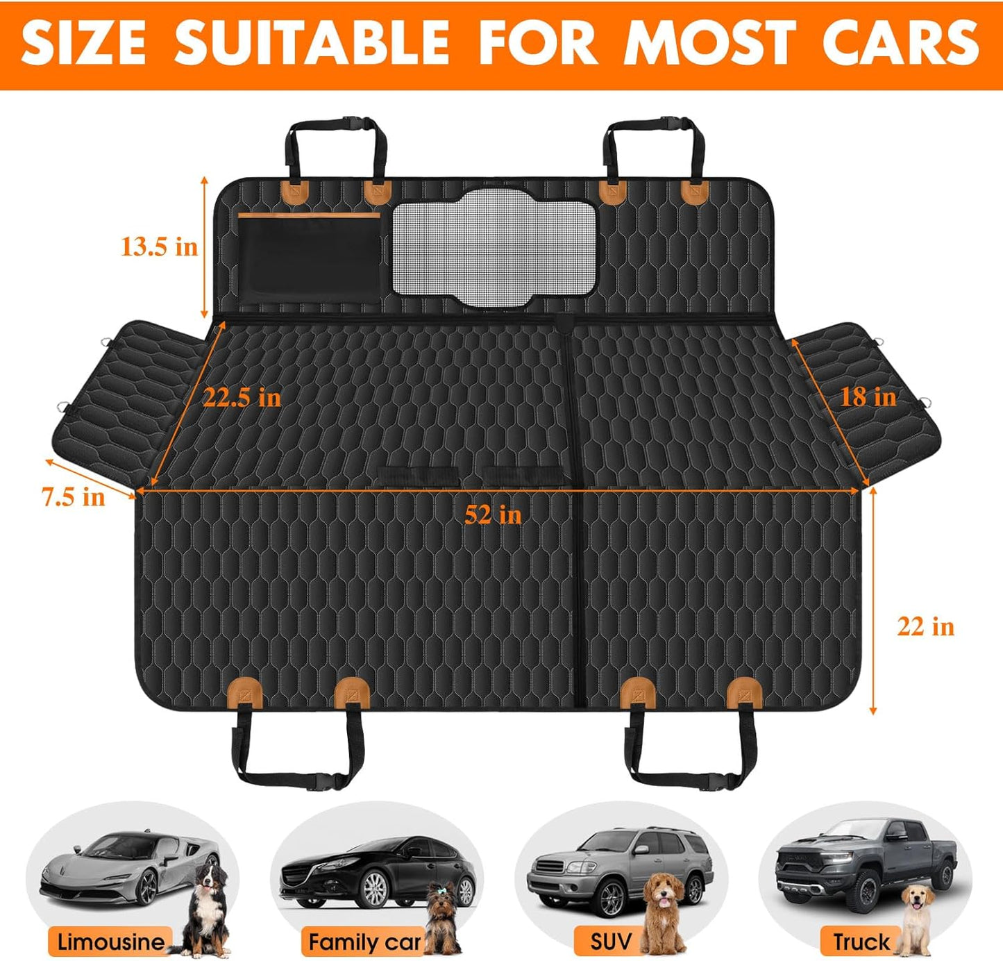 Waterproof Dog Car Seat Cover, Scratchproof, Nonslip Back Seat Hammock with Mesh Window & Storage Pocket Fits Cars, SUVs, Trucks