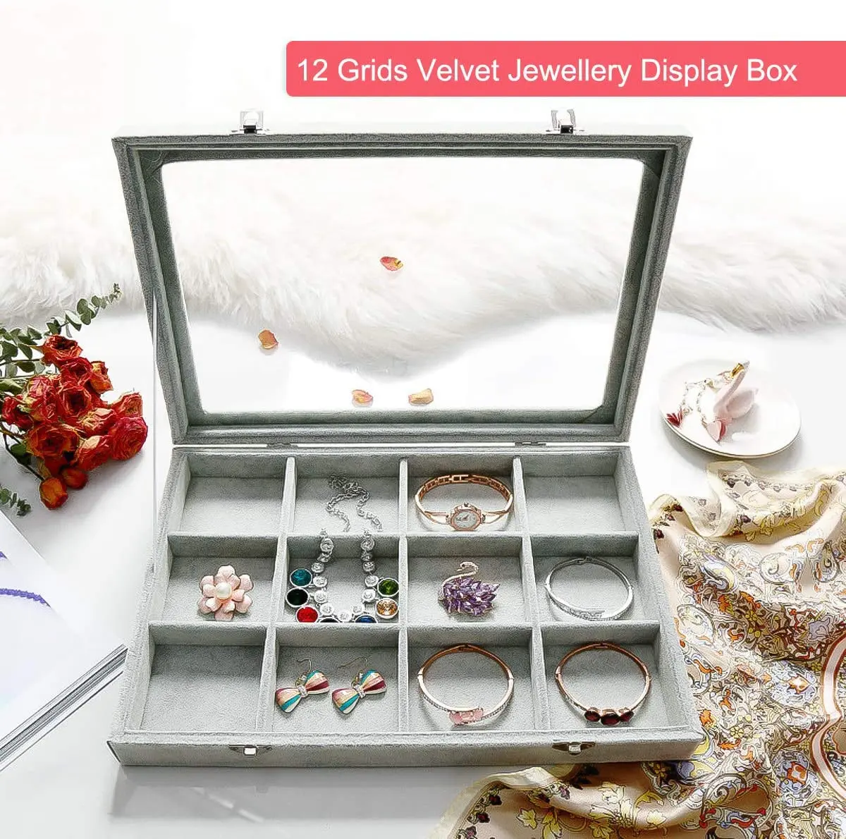 12/24-Slot Jewelry Organizer Tray with Clear Lid - Velvet Lined Ring Earring Necklace Storage Box - Travel Jewelry Case for Dresser, Countertop