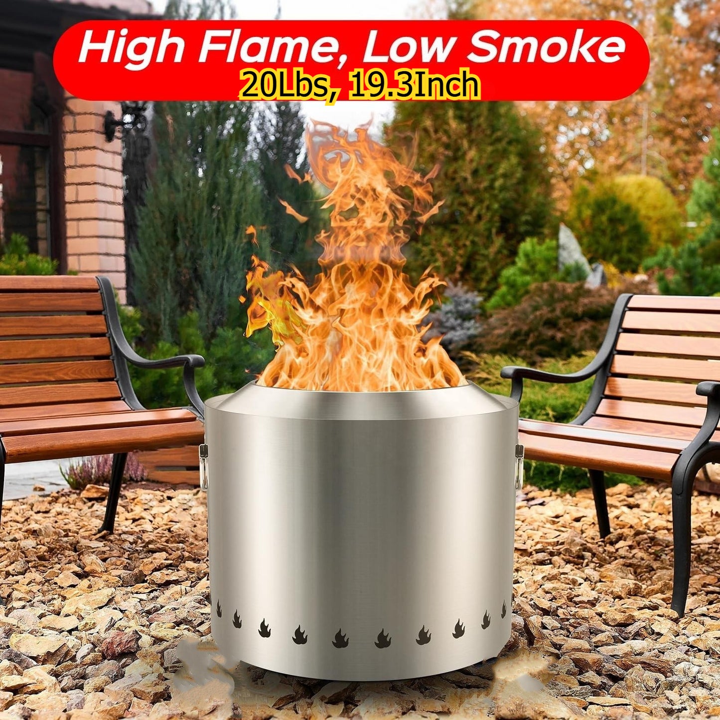 19.3 Inch Smokeless Fire Pit with Removable Ash Pan - Portable Outdoor Fire Pit - Stainless Steel Wood Burning Fireplace, Ideal for 4-6 People