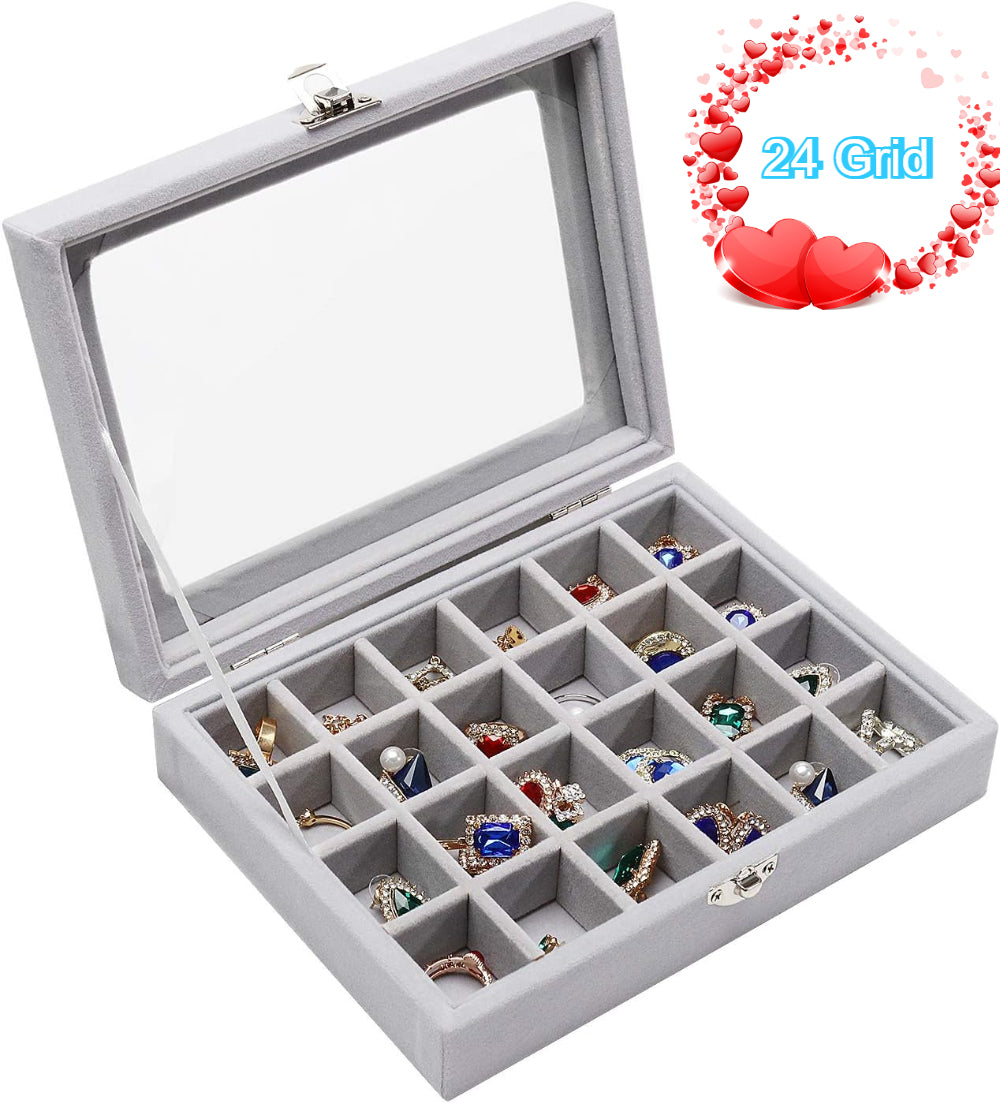 12/24-Slot Jewelry Organizer Tray with Clear Lid - Velvet Lined Ring Earring Necklace Storage Box - Travel Jewelry Case for Dresser, Countertop