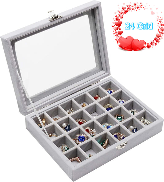 12/24-Slot Jewelry Organizer Tray with Clear Lid - Velvet Lined Ring Earring Necklace Storage Box - Travel Jewelry Case for Dresser, Countertop