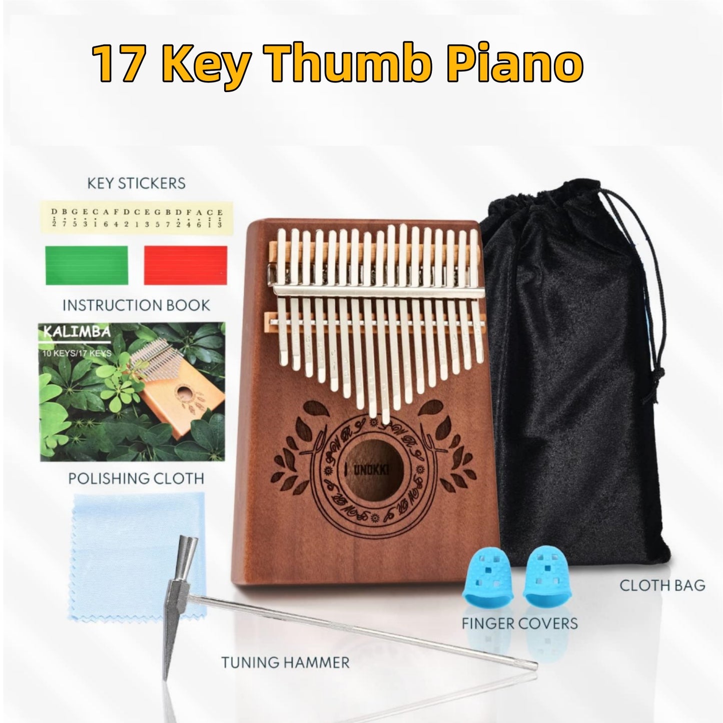 17 Keys Portable Mbira Finger Piano Music Instrument Gifts for Kids and Adults Beginners Thumb Pianos with Tuning Hammer, Finger Covers