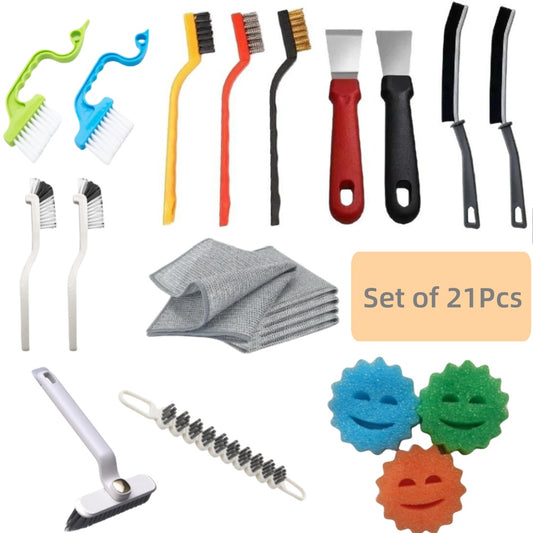 21Pcs Household Cleaning Set Small Cleaning Brush & Wire Washing Rags Hard Bristle Crevice Cleaning Brush, Long Handle Household Cleaning Tool Suitable for Cups, Bottles, Teapots, Corners