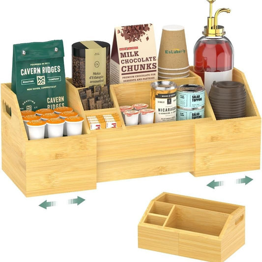 Coffee K Cup Pods Holder with Handle,Bamboo Coffee Tea Bar Accessories Storage Basket,Coffee Station Organizer for Countertop