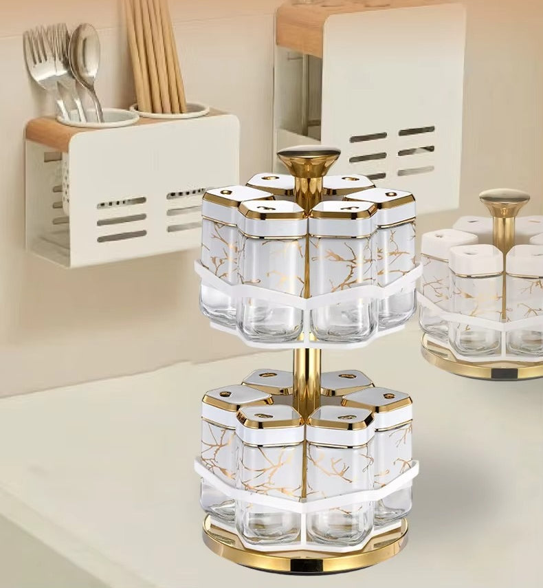 2 Layer Household Kitchen Spice Seasoning Rack Metal Rotating Storage Holder Convenient Seasoning 12 Glass Jars Organizer