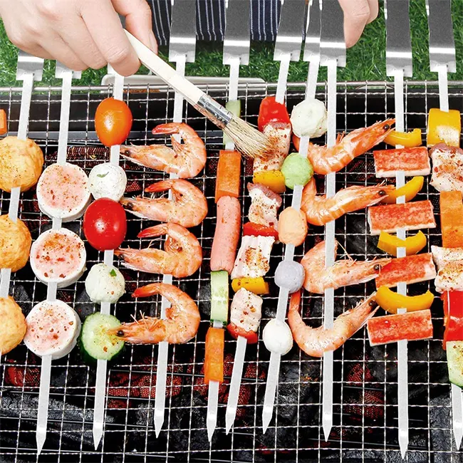 10pcs BBQ Skewers for Grilling - 17" Stainless Steel Flat Kebab Sticks with Push Bar, Reusable Metal Shish Kabob Skewers