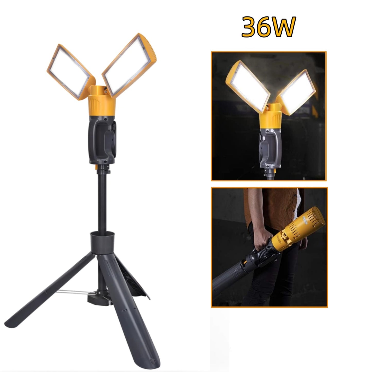 36W Dual-Head LED Work Light with Adjustable Tripod Stand - Rotating Spot Light for Construction, Job Site, Garage & Workshop