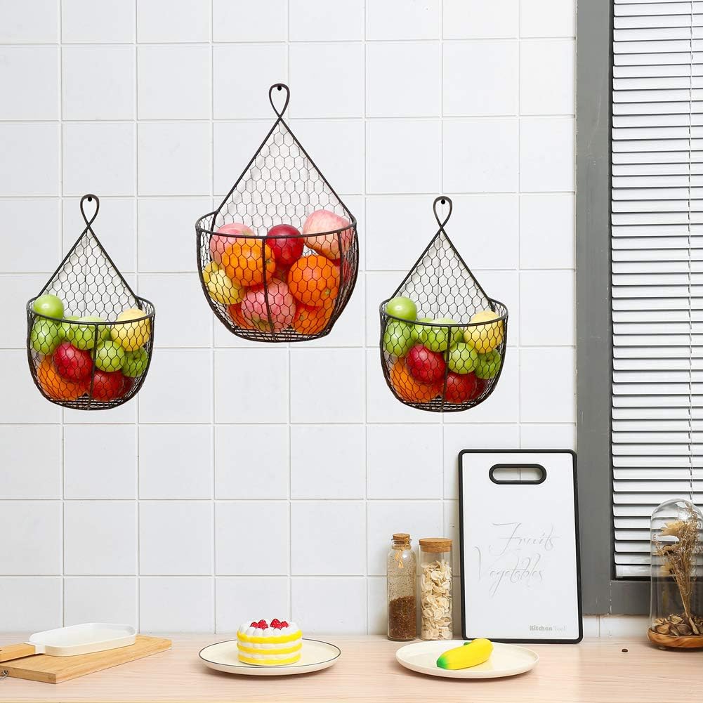 3 Pack Metal Fruit And Vegetable Storage Hanging Basket Wall Mounted, For Kitchen Black Wire Baskets for Flowers, Fruits and Veggies