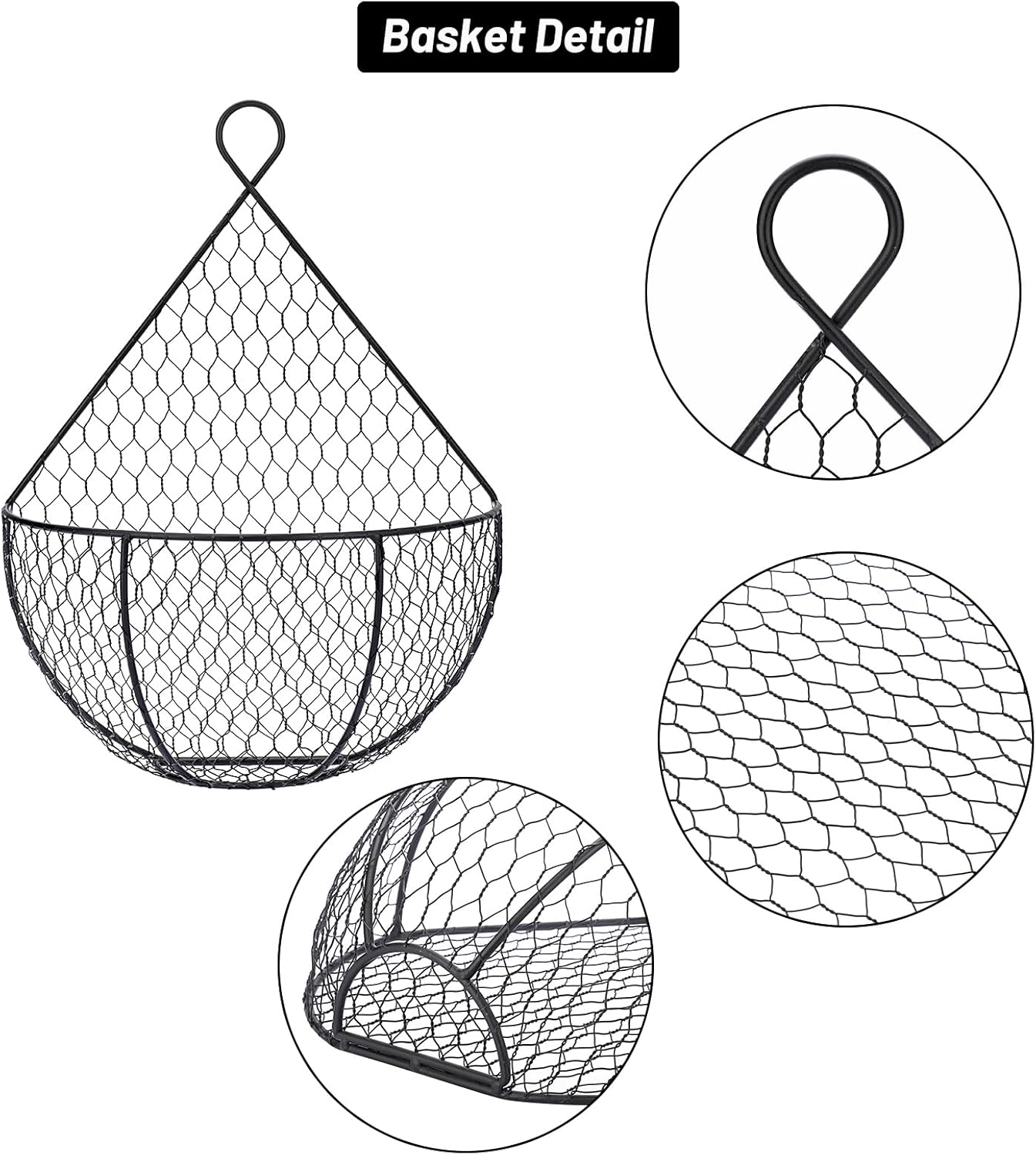 3 Pack Metal Fruit And Vegetable Storage Hanging Basket Wall Mounted, For Kitchen Black Wire Baskets for Flowers, Fruits and Veggies