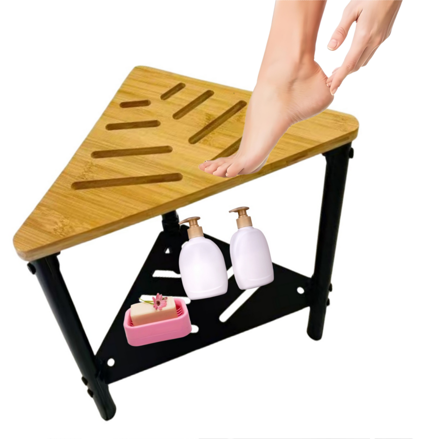Bamboo Corner Shower Stool for Inside Shower Waterproof,Shower Bench for Shaving Legs,Shower Foot Rest with Storage Shelf,Shower Foot Stool for Small Spaces,Bath Seat