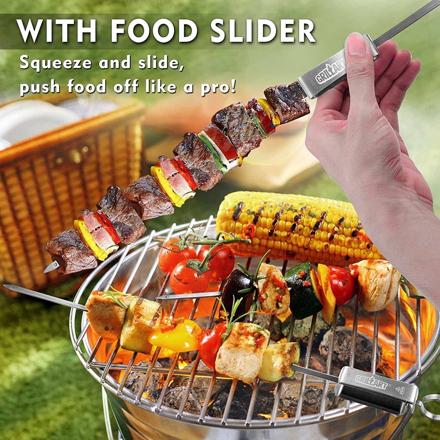 10pcs BBQ Skewers for Grilling - 17" Stainless Steel Flat Kebab Sticks with Push Bar, Reusable Metal Shish Kabob Skewers