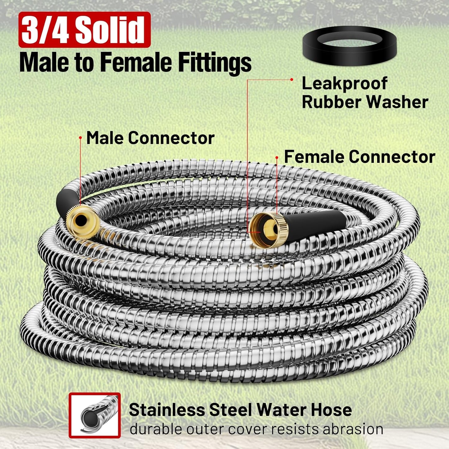 25FT/50FT/100FT Heavy Duty Stainless Steel Water Hose with 10 Functional Nozzles, No Kink, Lightweight and Flexible, Easy to Use and Store, Suitable for Yard and Lawn