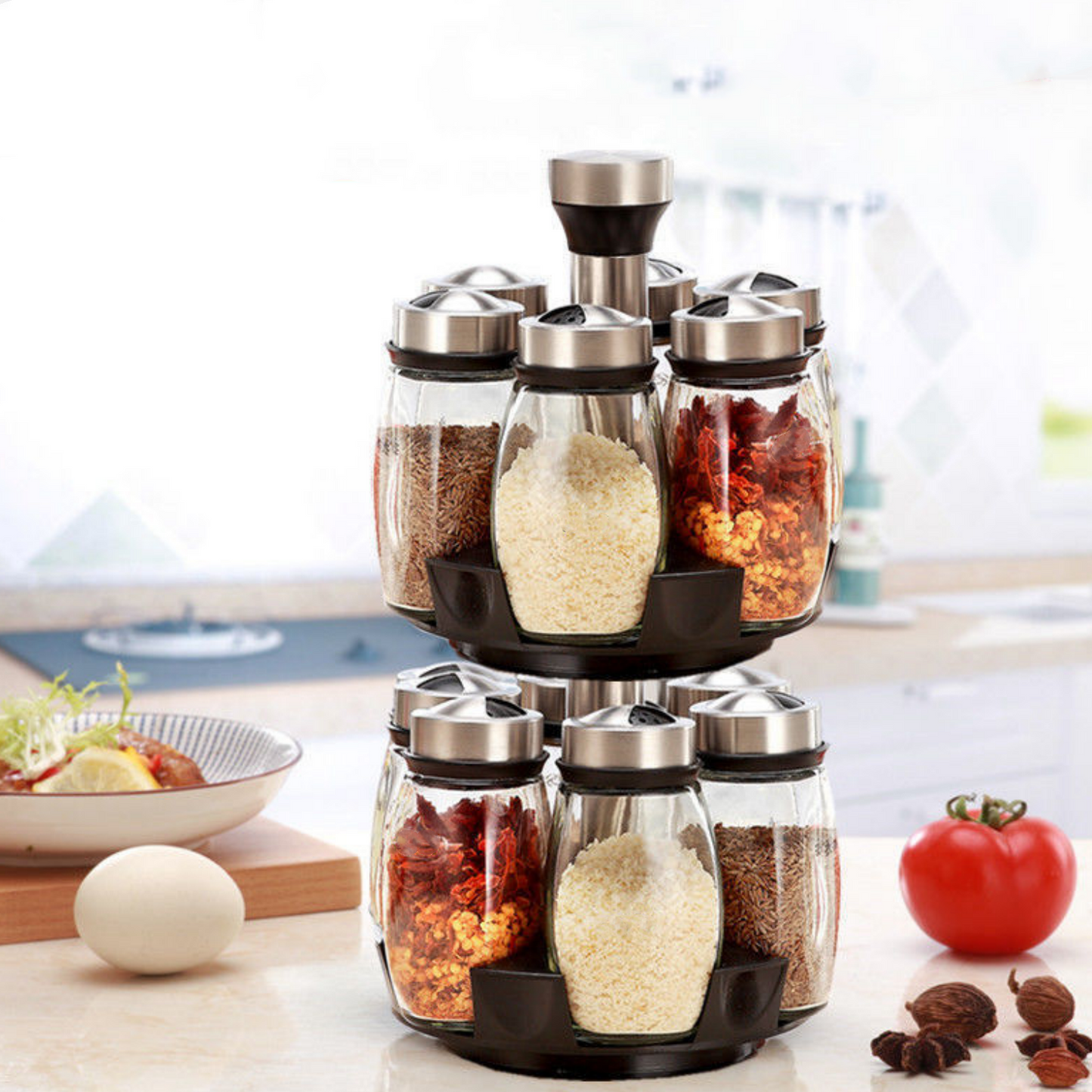 12-Jar Rotating Spice Rack – 360° Spinning Organizer for Kitchen Countertop, Cabinet, Pantry – Condiment Storage Shelf for BBQ, Camping, Family Dinners – Great Holiday Gift (Spices Not Included)